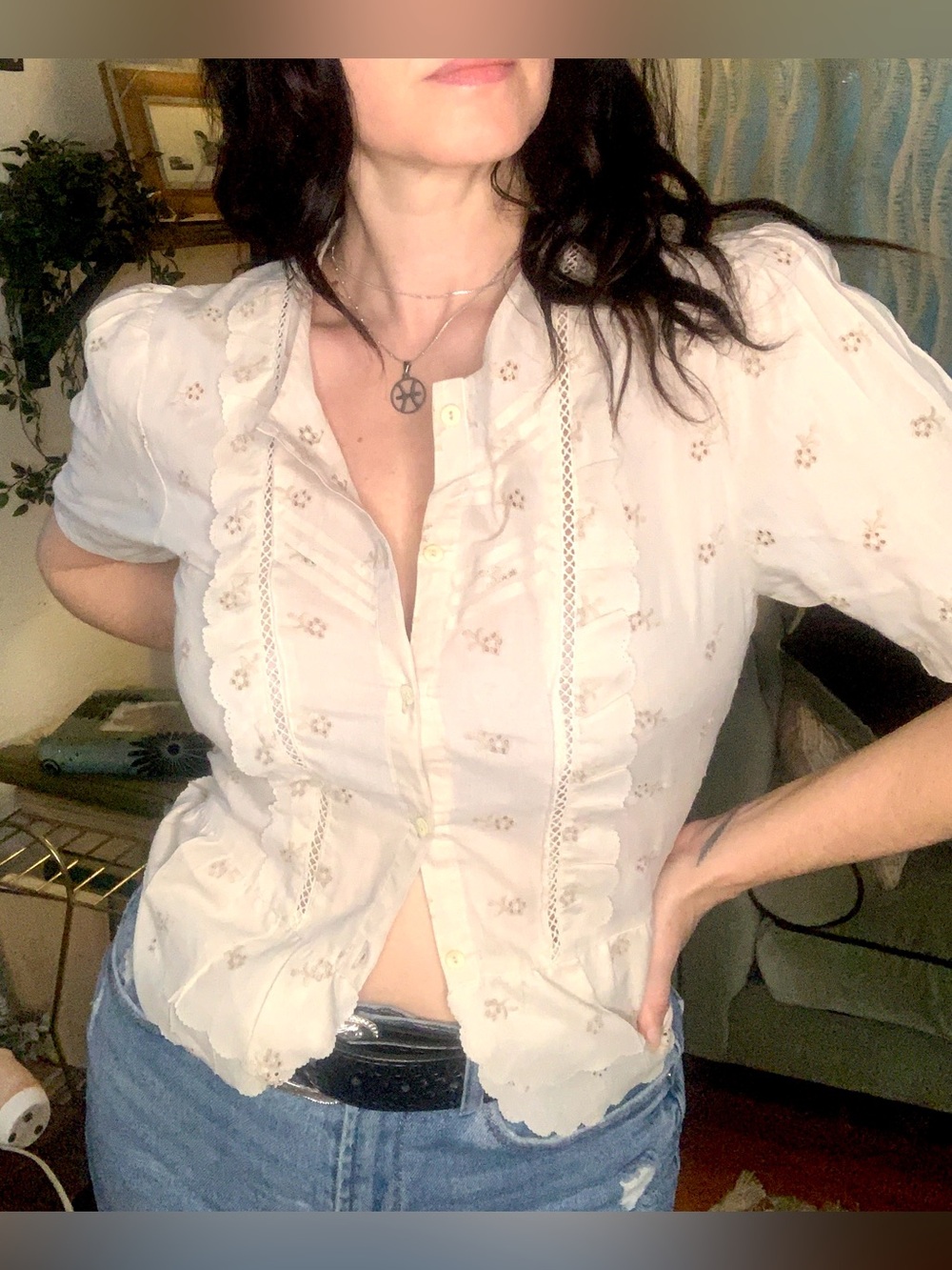 2/$30 Women’s White Eyelet Ruffled Button-Front Blouse